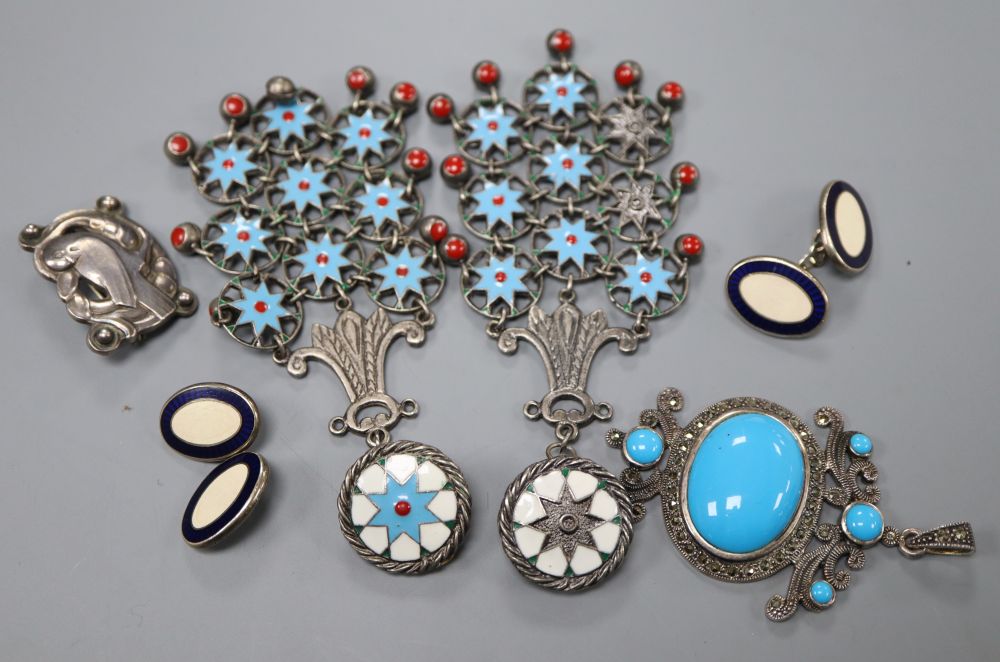 A pair of silver and enamel oval cufflinks, a Georg Jensen sterling dove brooch, no.111 and other minor jewellery.